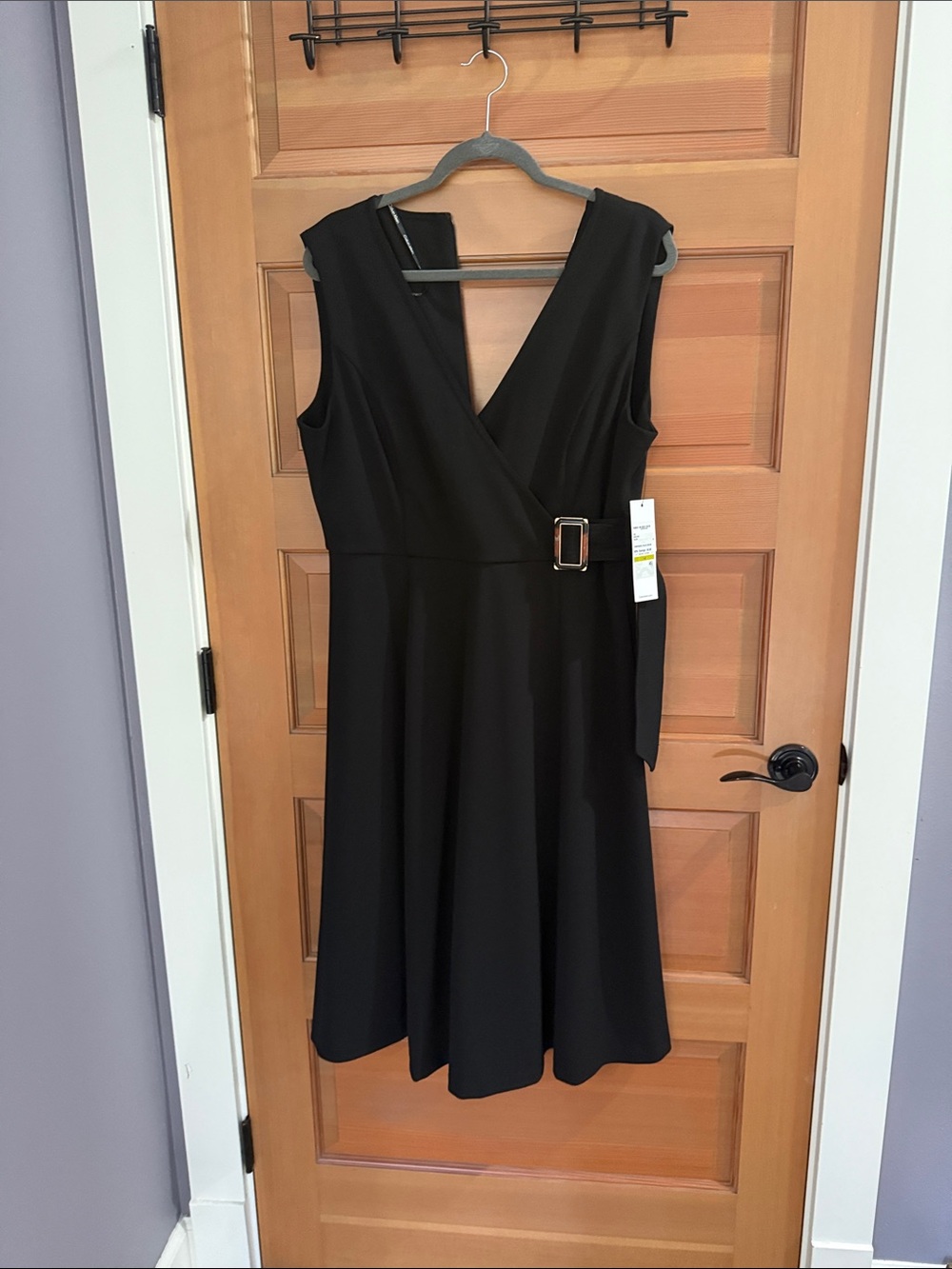 Sleeveless Black Wrap Dress with Side Buckle Belt